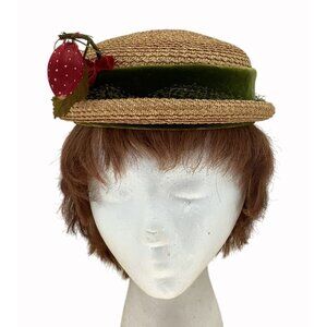 Vintage 60s Alfreda Inc Straw Boater Hat With Green Velvet Band & Red Strawberry